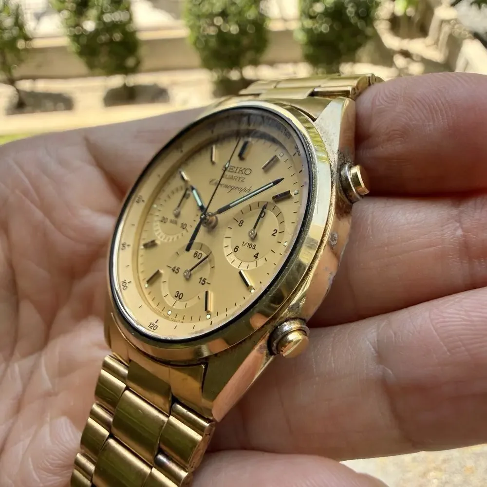 Vintage Seiko Chronograph Watch Men’s 37mm Champagne Dial Gold Tone 7A28-7029